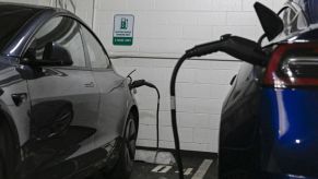 Two electric cars charging at a public station.