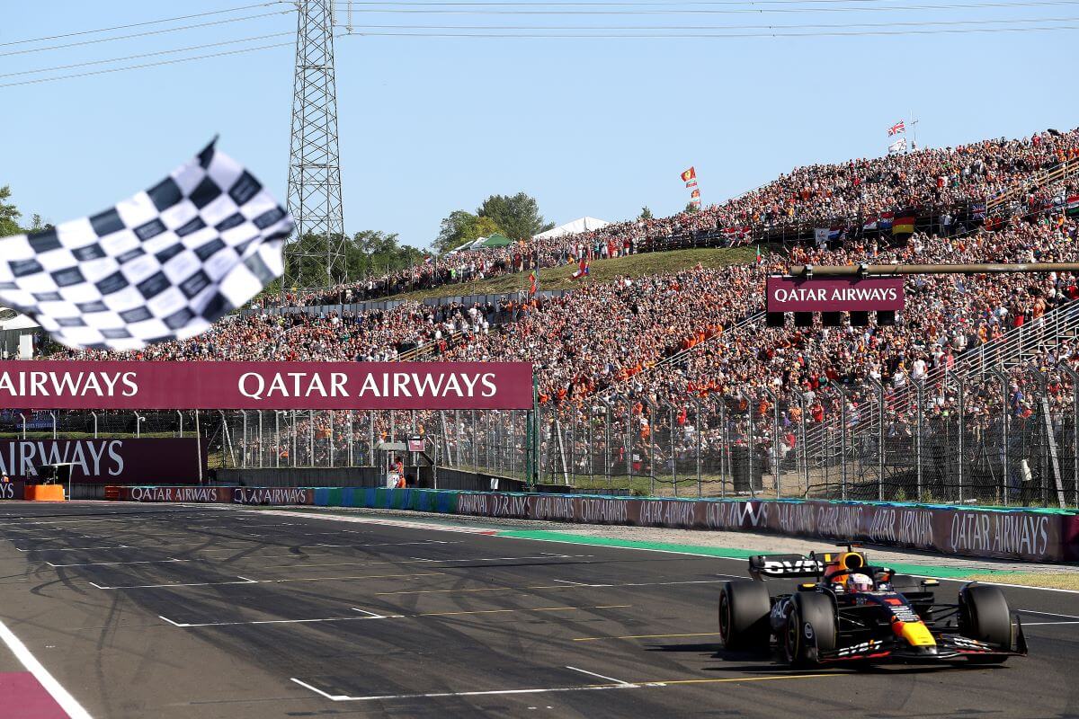 A black and white checkered flag being waved at the Formula 1 Grand Prix of Hungary