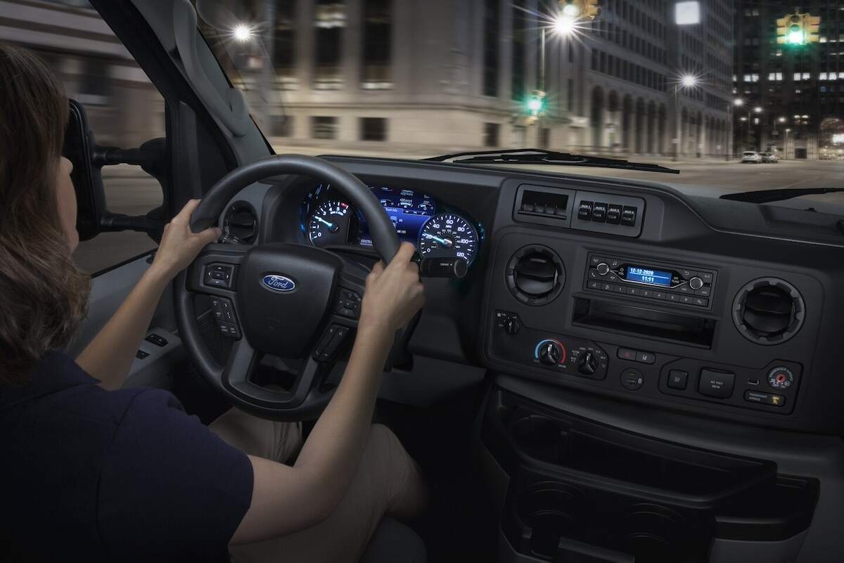 Fully loaded 2024 Ford E-Series Cutaway interior: steering wheel and dashboard