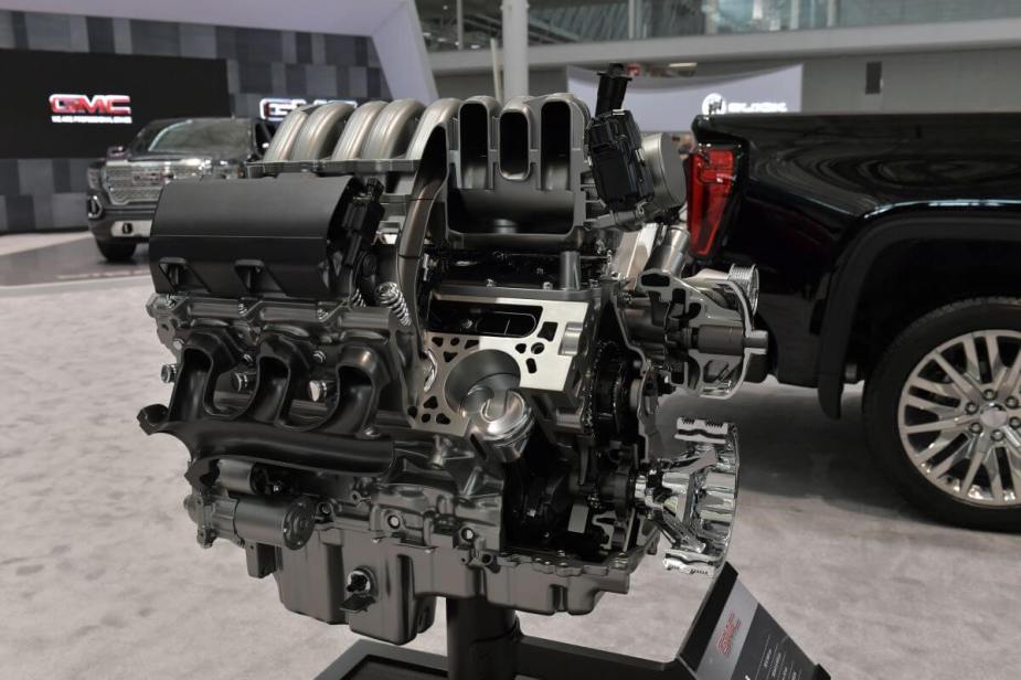 A GMC 5.3L V8 engine cutaway at the 2019 New England International Auto Show (NEIAS) in Boston, Massachusetts