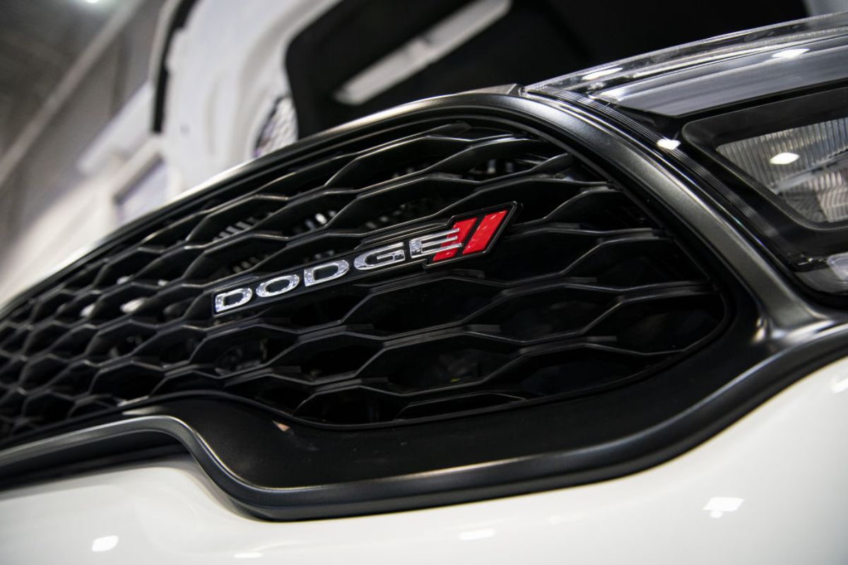 A Dodge logo seen on the front grille of a Durango.