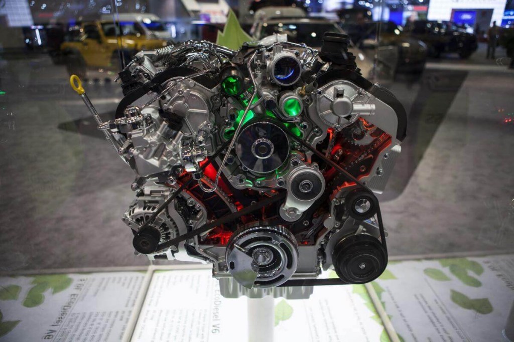 An FCA 3.0L EcoDiesel engine on display at the Washington Auto Show in D.C.