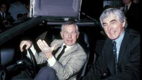 Johnny Carson and John DeLorean at the unveiling of the DeLorean Motor Car on Feb. 8, 1981, in Los Angeles