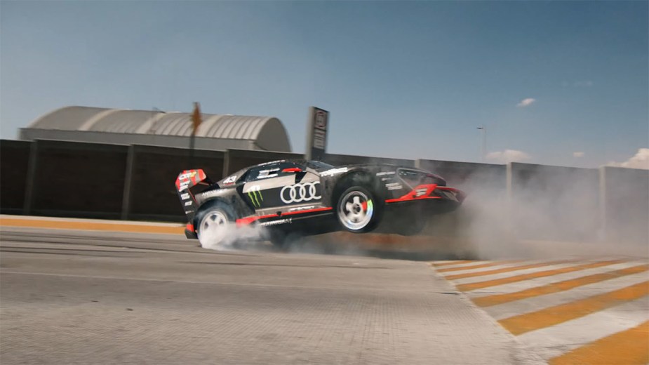 Ken Block Audi Hoonitron EV jumping in trailer for Electrikhana two on Hoonigan YouTube channel