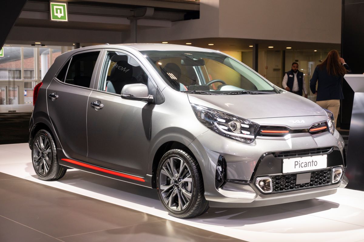 A Kia Picanto hatchback model on display at the 2023 Brussels Expo in Belgium
