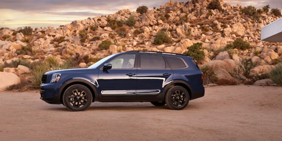 A blue 2024 Kia Telluride is parked outdoors. 