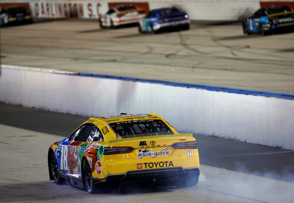 Kyle Busch's Toyota engine fails during NASCAR championship playoff race at Darlington in 2022.