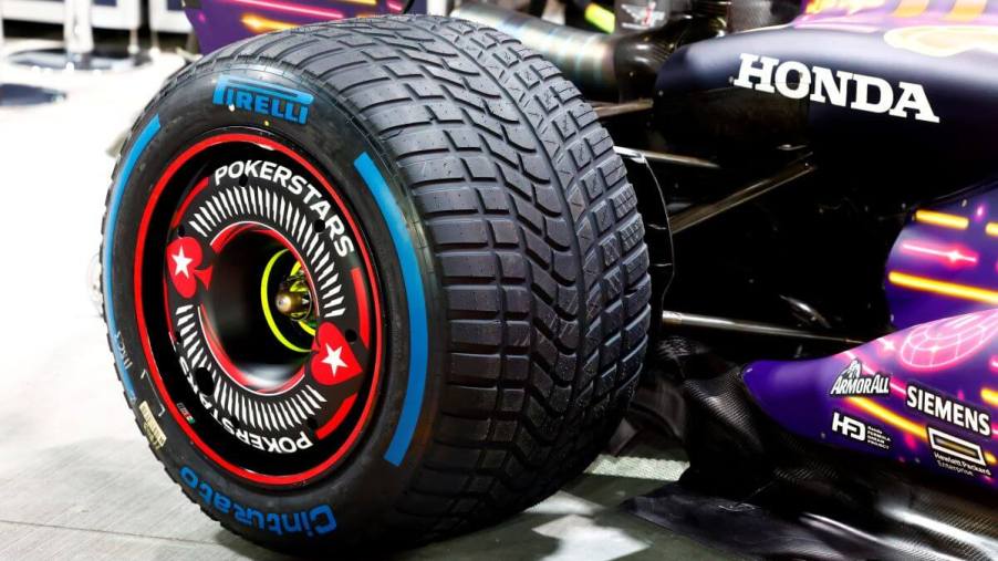 A Pirelli tire with Pokerstars advertising on a Honda F1 race car for the Las Vegas Grand Prix