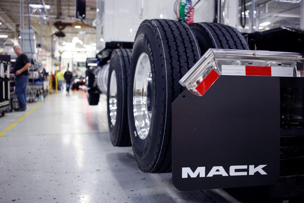 A truck on a Mack assembly line with mud flaps in Macungie, Pennsylvania