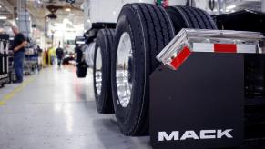 A truck on a Mack assembly line with mud flaps in Macungie, Pennsylvania