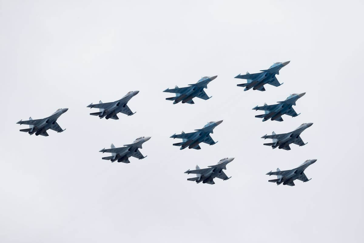 A collection of Sukhoi Su-34, Su-30SM, and Su-35S aircrafts performing in the 76th Victory Day parade