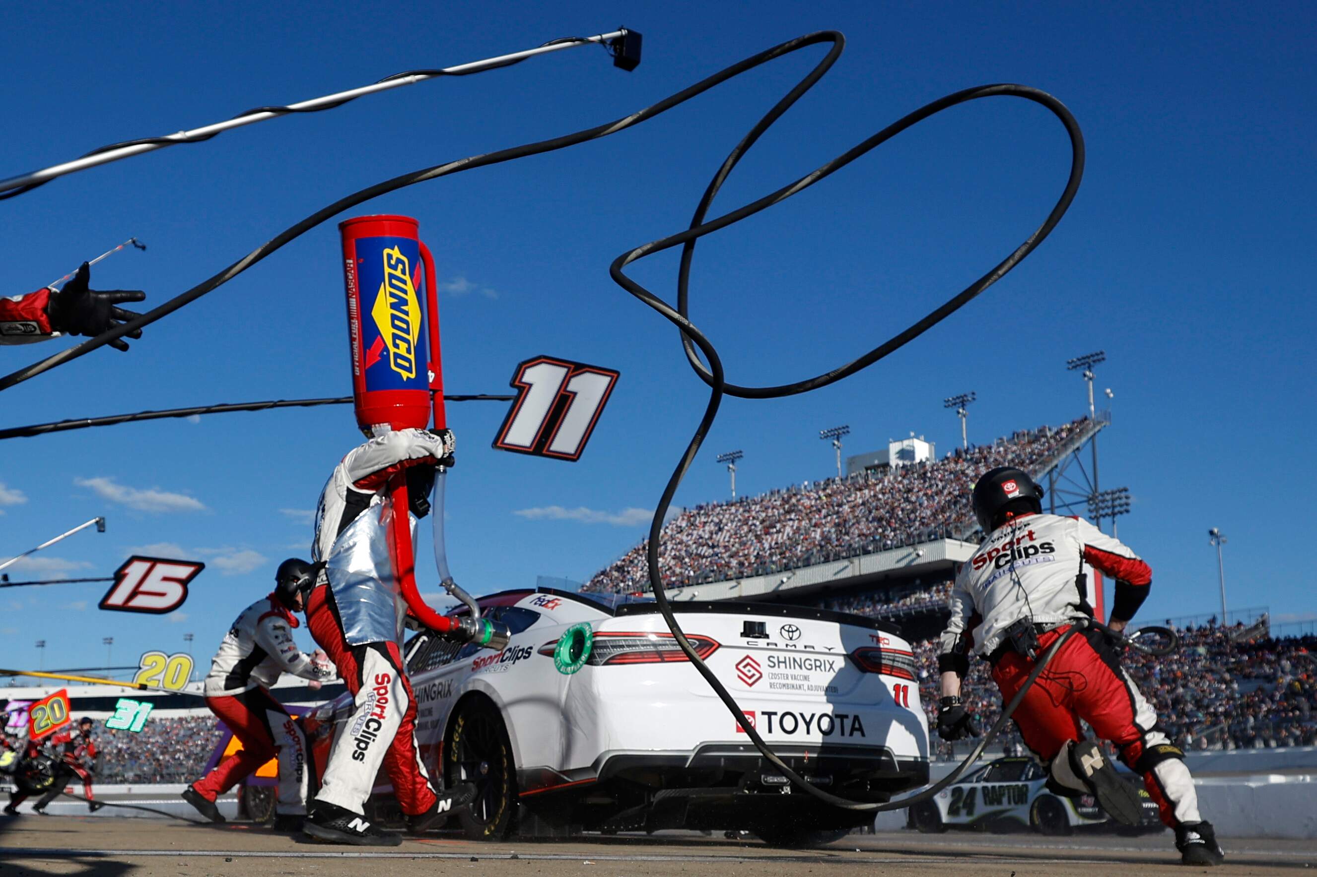 Denny Hamlin makes a pit stop during the NASCAR Cup Series Toyota Owners 400 at Richmond Raceway on Apr. 2, 2023