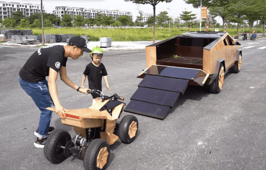 Wooden Cybertruck with telescopic tailgate open