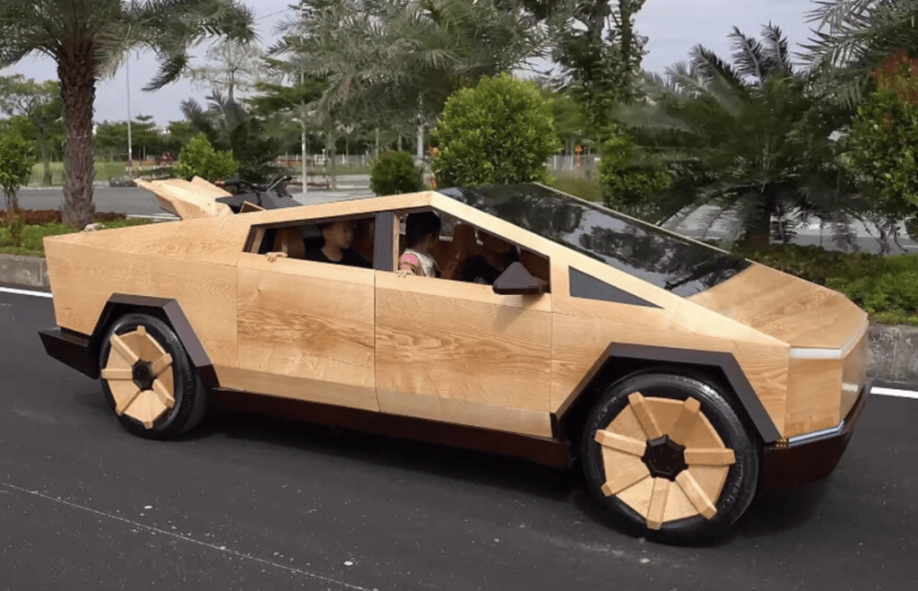 Wooden Cybertruck driving on highway