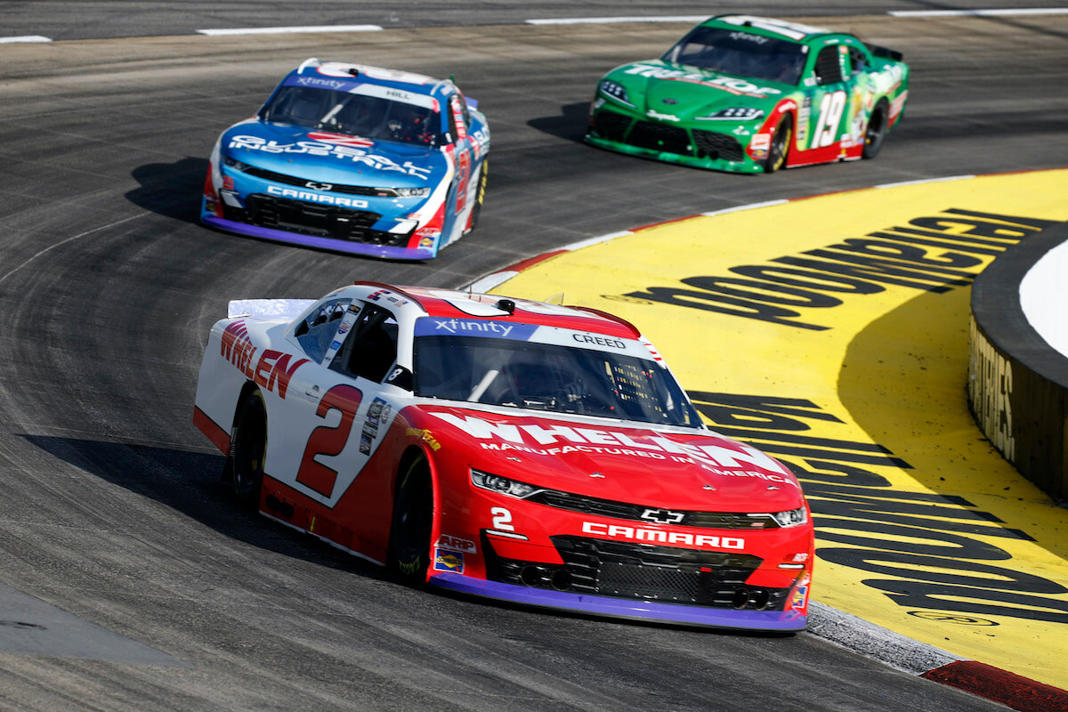 Sheldon Creed races in front of Austin Hill during the NASCAR Xfinity Series Dead On Tools 250 at Martinsville Speedway