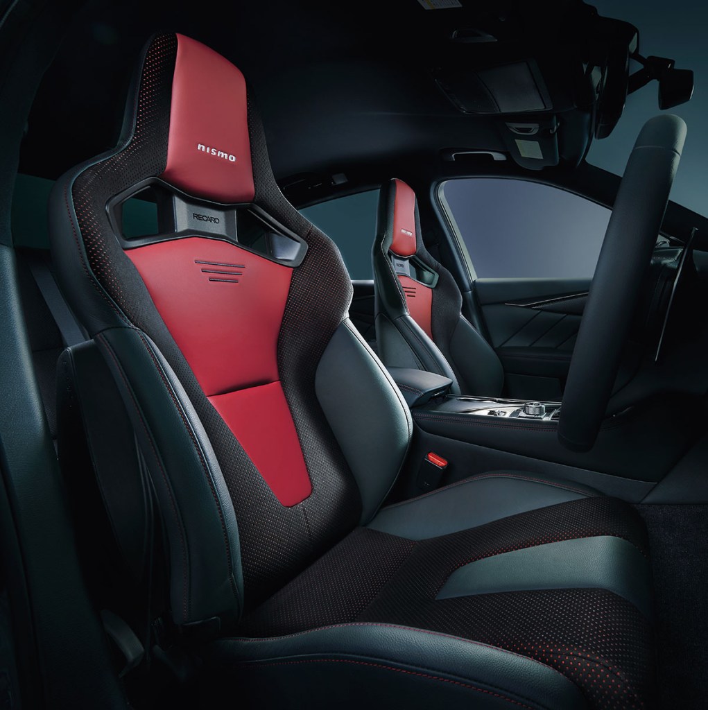 Red and black recaro bucket seats interior of Nissan 2024 Skyline Limited Nismo Edition