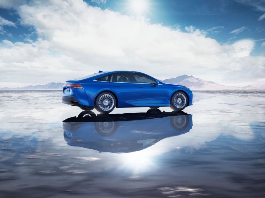 A Toyota Mirai hydrogen car on display.