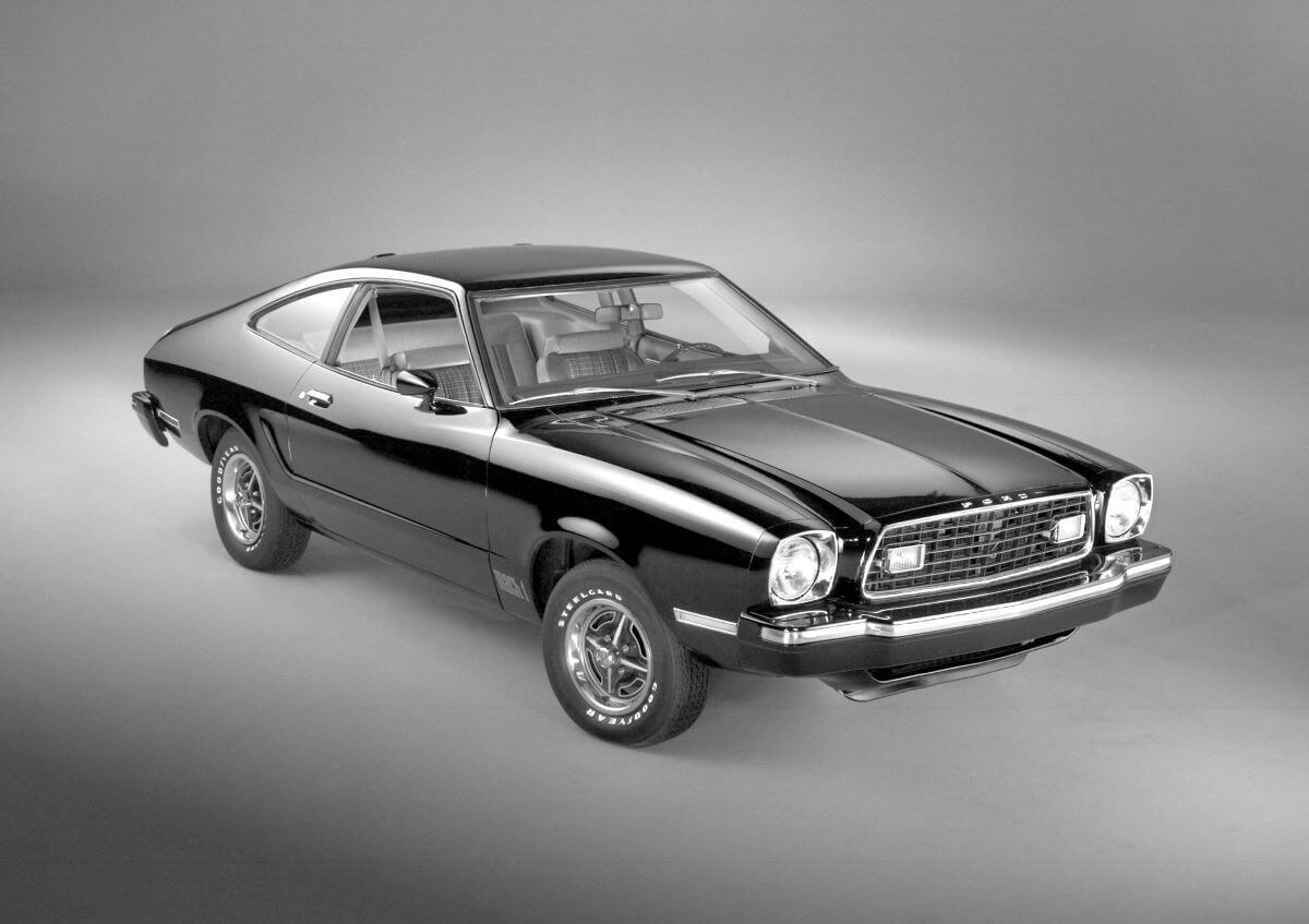 A stock promotional photo of the 1976 Ford Mustang II Mach Is subcompact pony car coupe