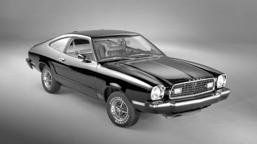 A stock promotional photo of the 1976 Ford Mustang II Mach Is subcompact pony car coupe