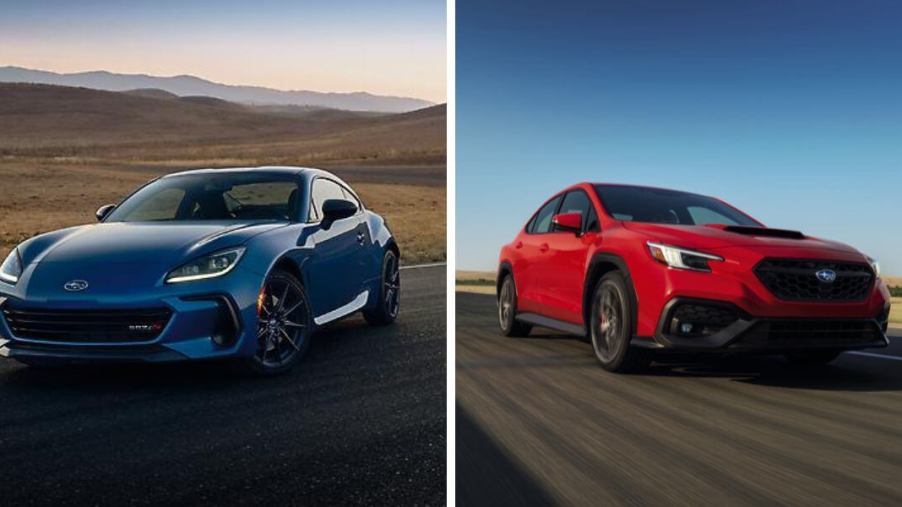 The 2024 model years of the Subaru BRZ coupe (L) and Subaru WRX sedan (R) sports car models
