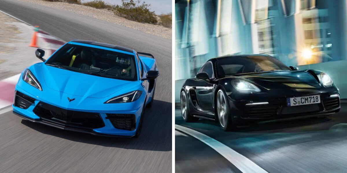 The 2024 model years of the Chevy Corvette Stingray (L) and Porsche 718 Cayman (R) mid-engine sports cars