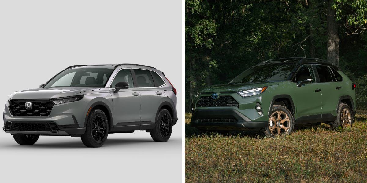 The 2024 model years of the Honda CR-V Sport-L (L) and Toyota RAV4 Woodland Edition (R) compact SUV models