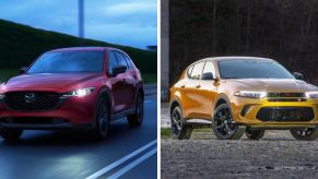 The 2024 model years of the Mazda CX-5 (L) and Dodge Hornet GT (R) compact crossover SUV models