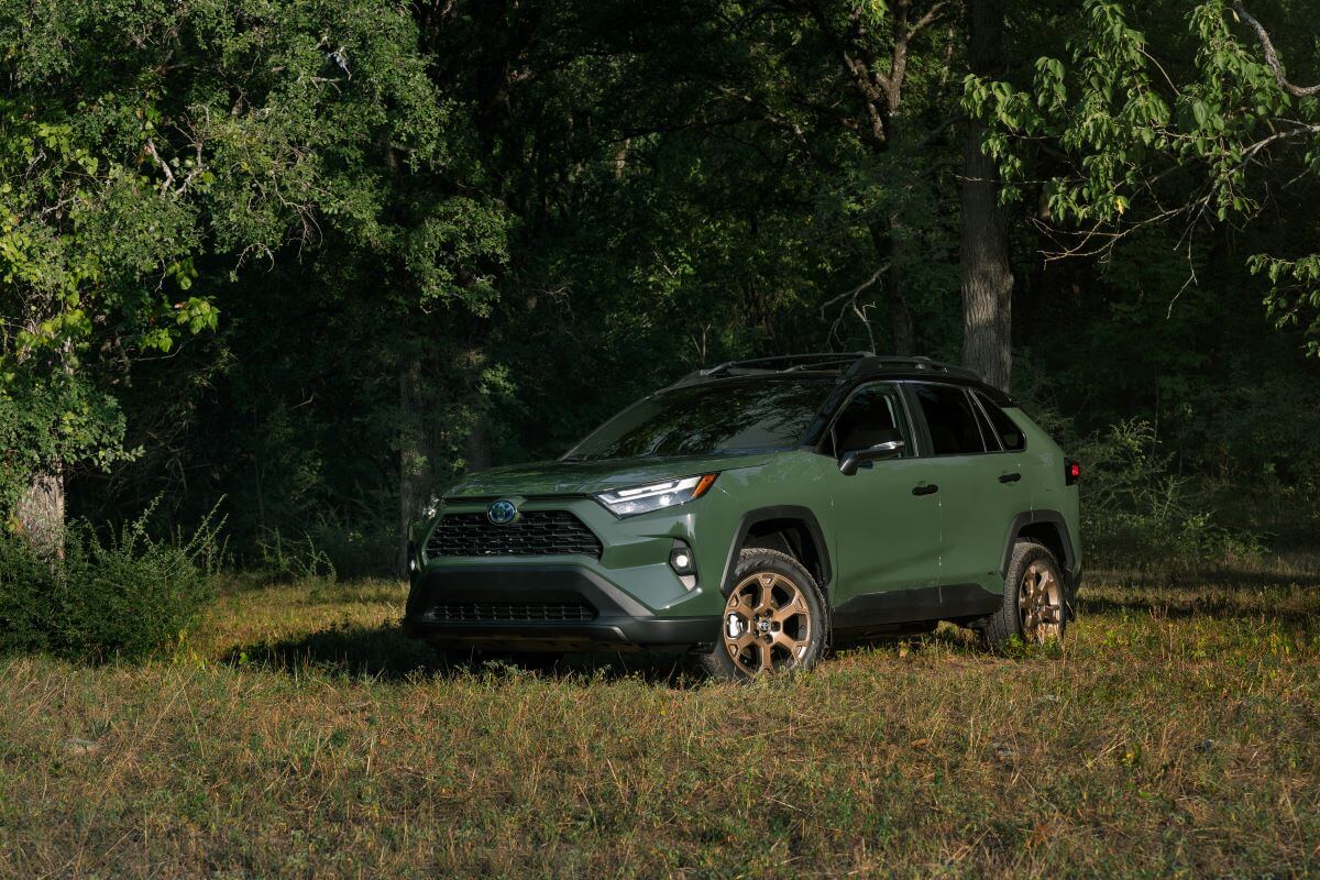 A 2024 Toyota RAV4 Woodland Edition compact SUV model parked at the edge of a forest