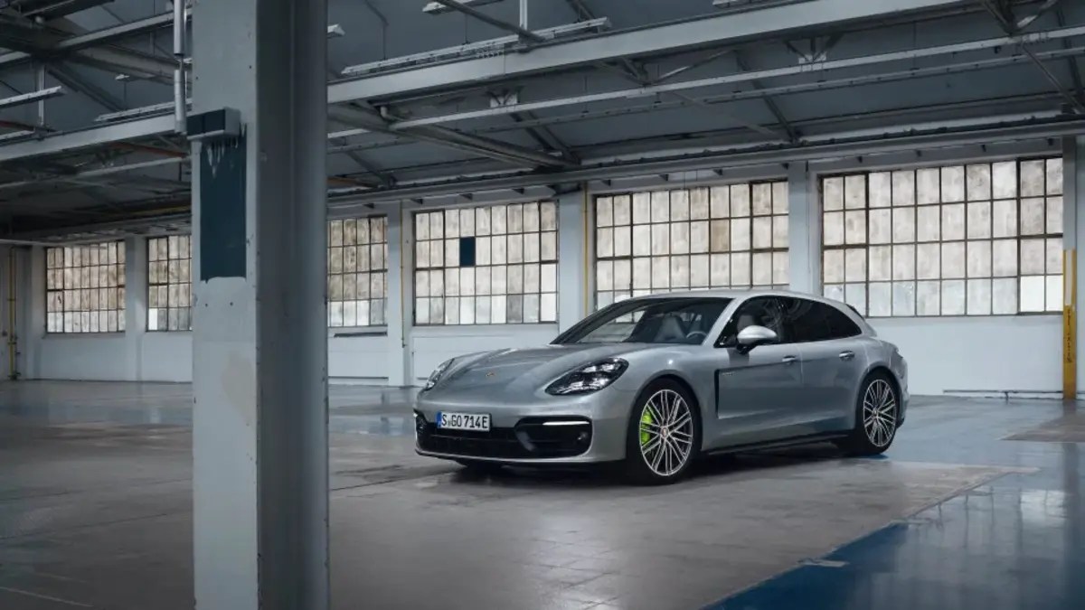 Silver 2023 Porsche Panamera Sport Turismo front 3/4 view