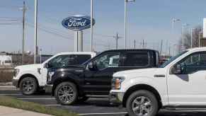 A Ford dealership sign with a row of Ford trucks parked at left-facing angles