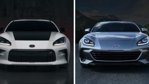 The 2024 model years of the Toyota GR86 (L) and Subaru BRZ (R) sports car coupe models