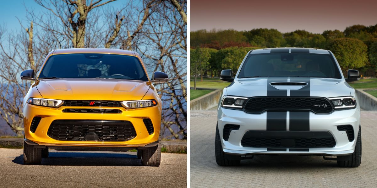 The 2024 model years of the Dodge Hornet GT (L) and Dodge Durango SRT Hellcat (R) SUVs from the muscle car brand