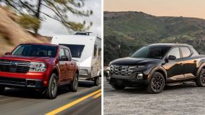 The 2024 model years of the Ford Maverick (L) and Hyundai Santa Cruz XRT (R) compact pickup trucks