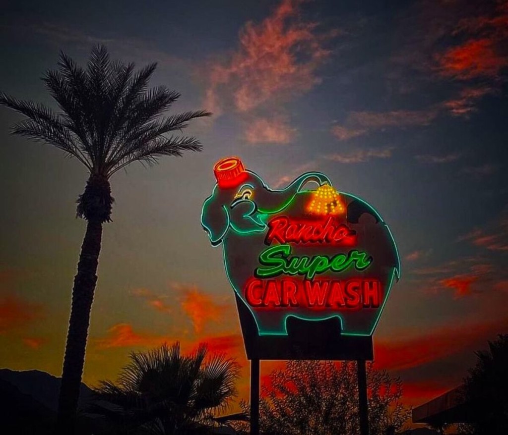 Rancho Mirage Super Car Wash sign lit up