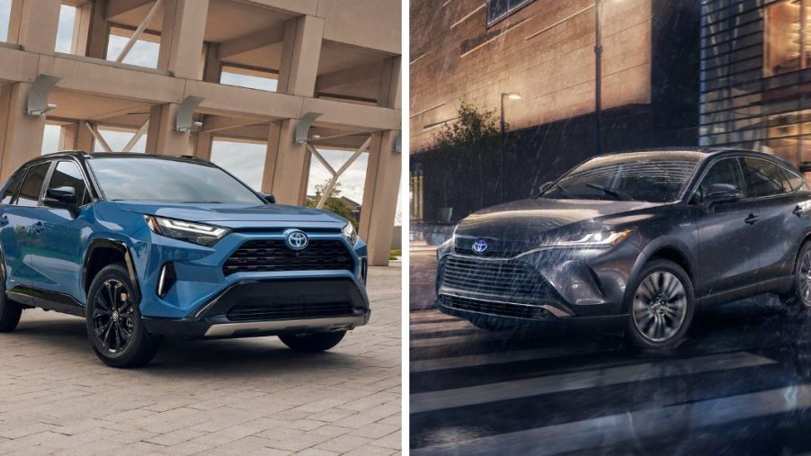 The 2024 model years of the Toyota RAV4 Hybrid XSE (L) and Toyota Venza Limited (R) compact SUV models