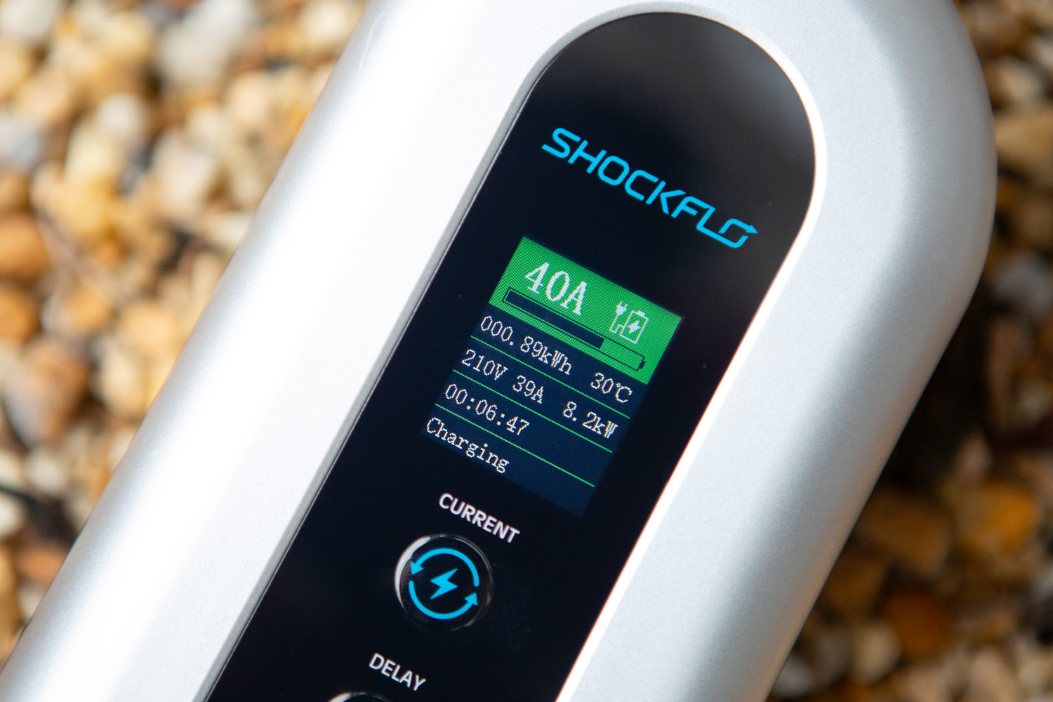 The ShockFlo portable EV charger display