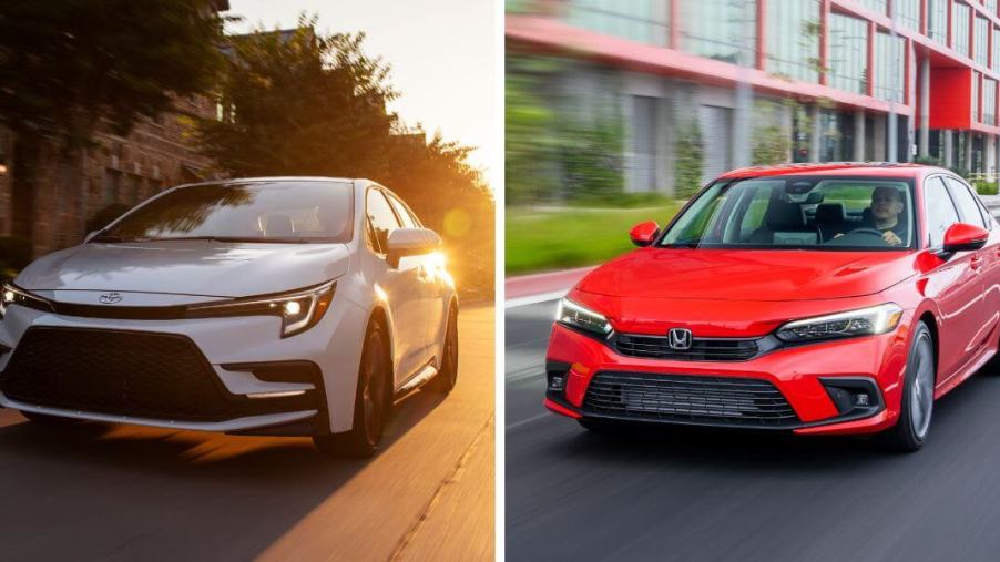 The 2023 sedan model years of the Toyota Corolla XSE (L) and Honda Civic Touring (R) compact cars
