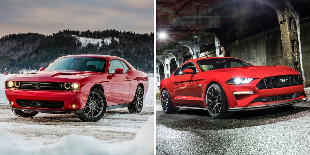 The 2018 model years of the Dodge Challenger (L) and Ford Mustang (R) muscle car/sports car models