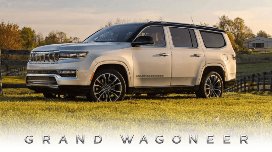 A promotional header image for the 2024 Jeep Grand Wagoneer full-size luxury SUV on a farm