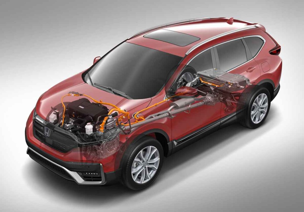 A red 2020 Honda CR-V is shown in left front angle view with transparency to display the hybrid system fuel pump was recalled in 2023