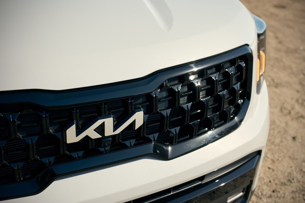 The Kia logo badge is shown in close view on a 2024 Kia Telluride