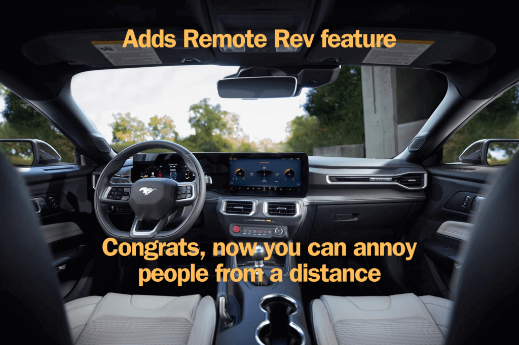 A car meme makes fun of the Ford Mustang's remote rev feature.