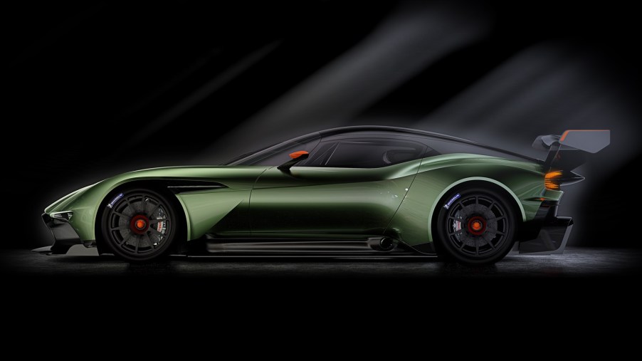 An Aston Martin Vulcan shows off its side profile.