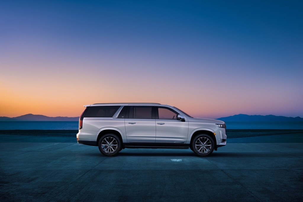A 2023 Cadillac Escalade ESV, one of the luxury SUVs with the worst depreciation, shows off its stretched platform. 