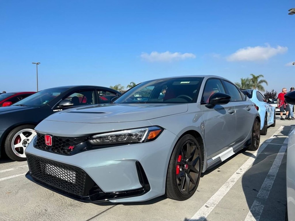 A Honda Civic Type R shows off its front end at a Cars and Coffee event.
