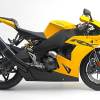 A yellow Erik Buell Racing EBR 1190RX shows off its side profile.