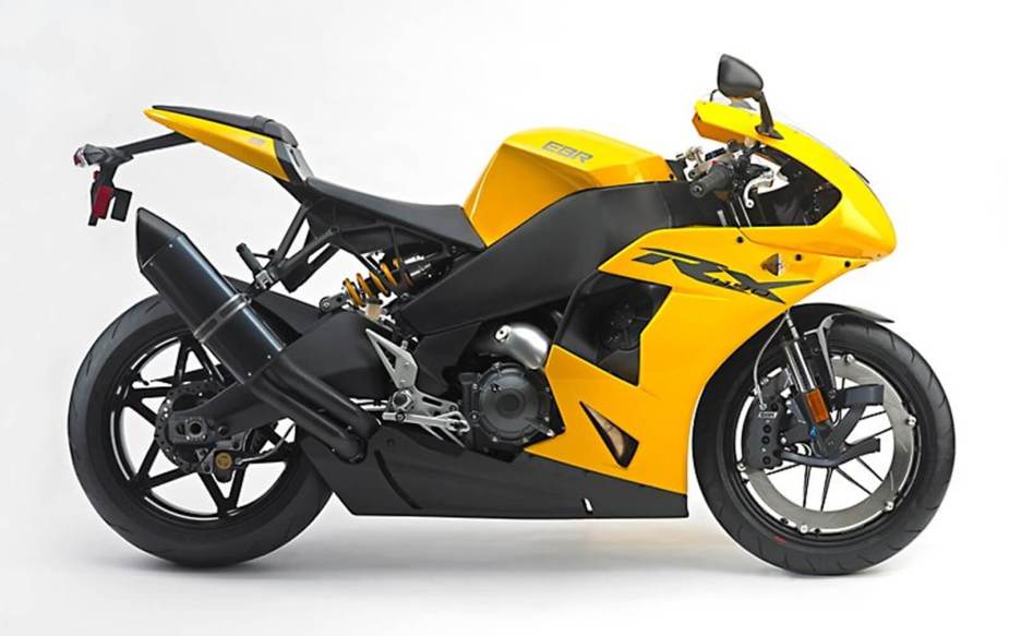 A yellow Erik Buell Racing EBR 1190RX shows off its side profile.