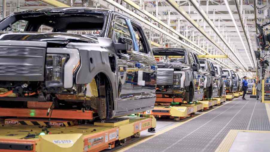 The electric Ford F-150 Lightning production line in Dearborn, Michigan.