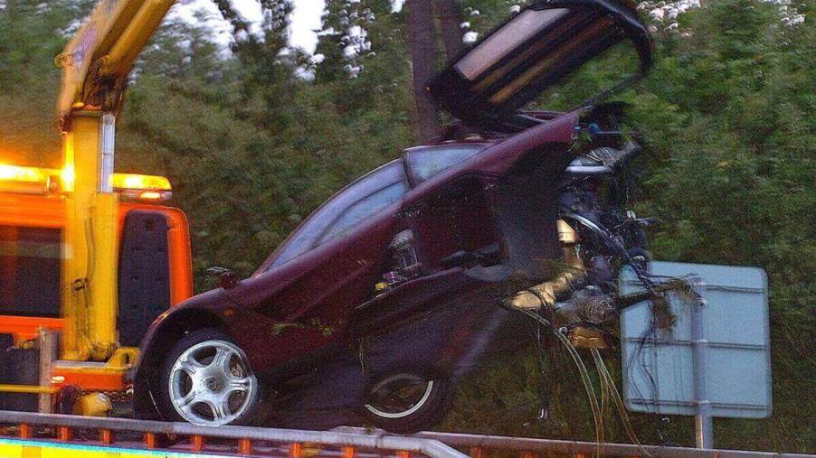 Rowan Atkinson wrecked his McLaren F1 on a wet road in the UK.