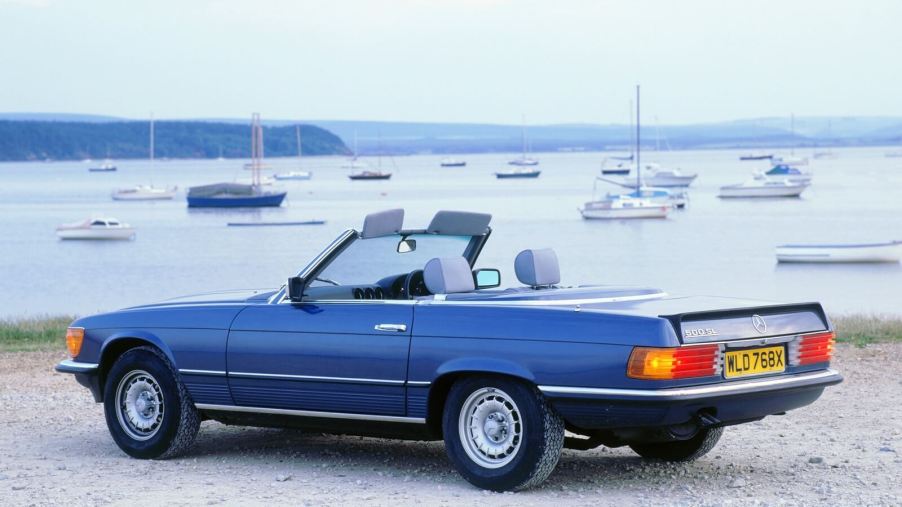 An R107 Mercedes-Benz SL, like the one from 'Ernest Saves Christmas,' shows off its rear-end styling.